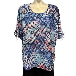 Abstract Print Knit Top‎ Short Sleeve Tie Detail Blouse Oversized